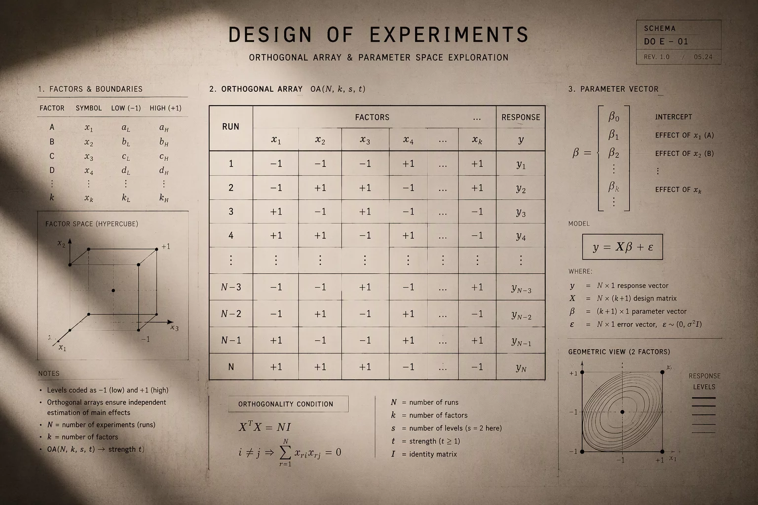 Technical blueprint of an experimental design matrix showing factor levels and sequential run orders